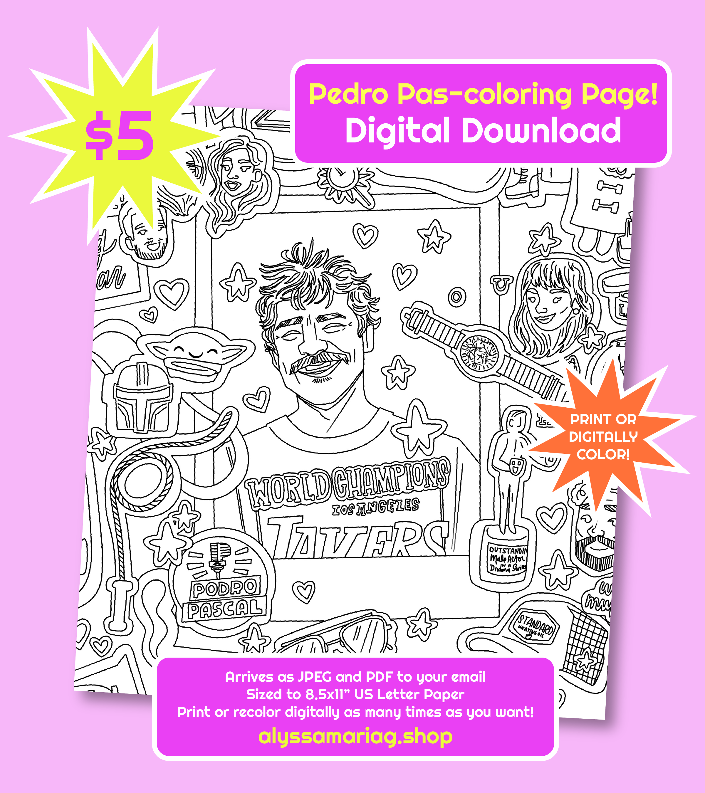 Pedro Pascal Coloring Pedro Pas-Coloring Page! Digital Download, Printable Coloring Page ...
